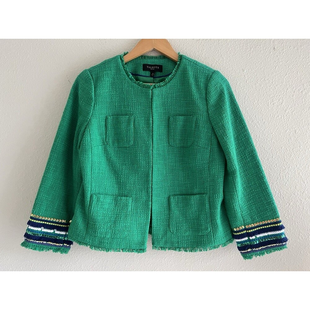 Talbots Petites 4P Green Tweed Fringe Lady Jacket Sequin Cuffs Blazer Preppy